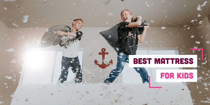 Children pillow fighting on a bed with text